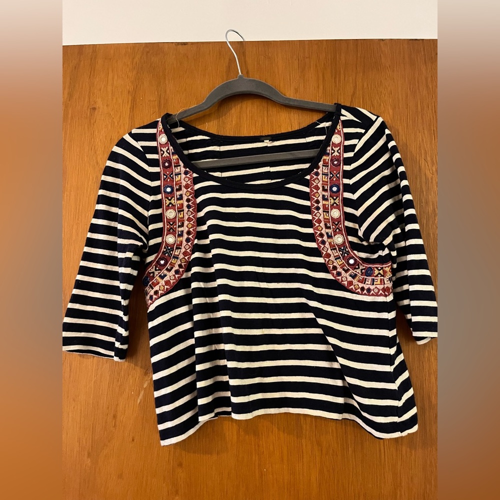 Free People Celine Embroidered Half Sleeve Striped Top XS Navy White 6993